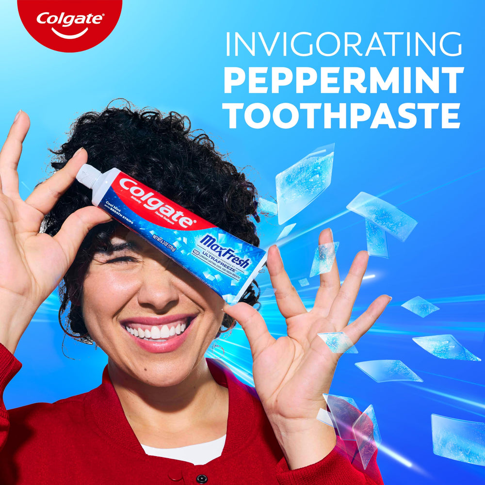 Colgate MaxFresh tubes arranged on a bathroom shelf indicating family-ready supply advantage
