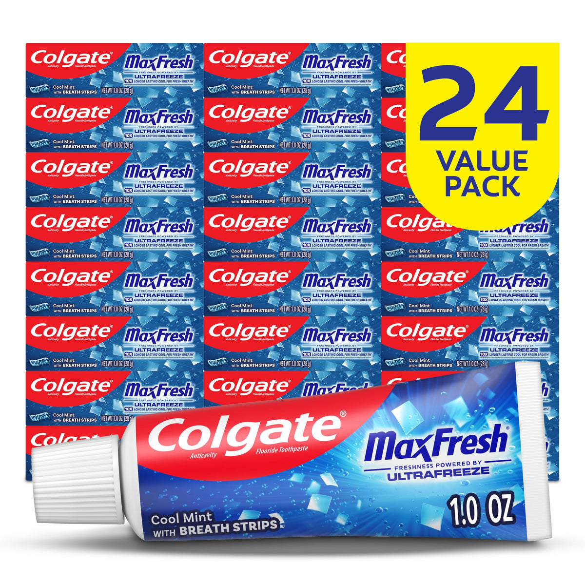 Colgate MaxFresh front packaging showing 1 oz tube and Cool Mint branding for travel convenience