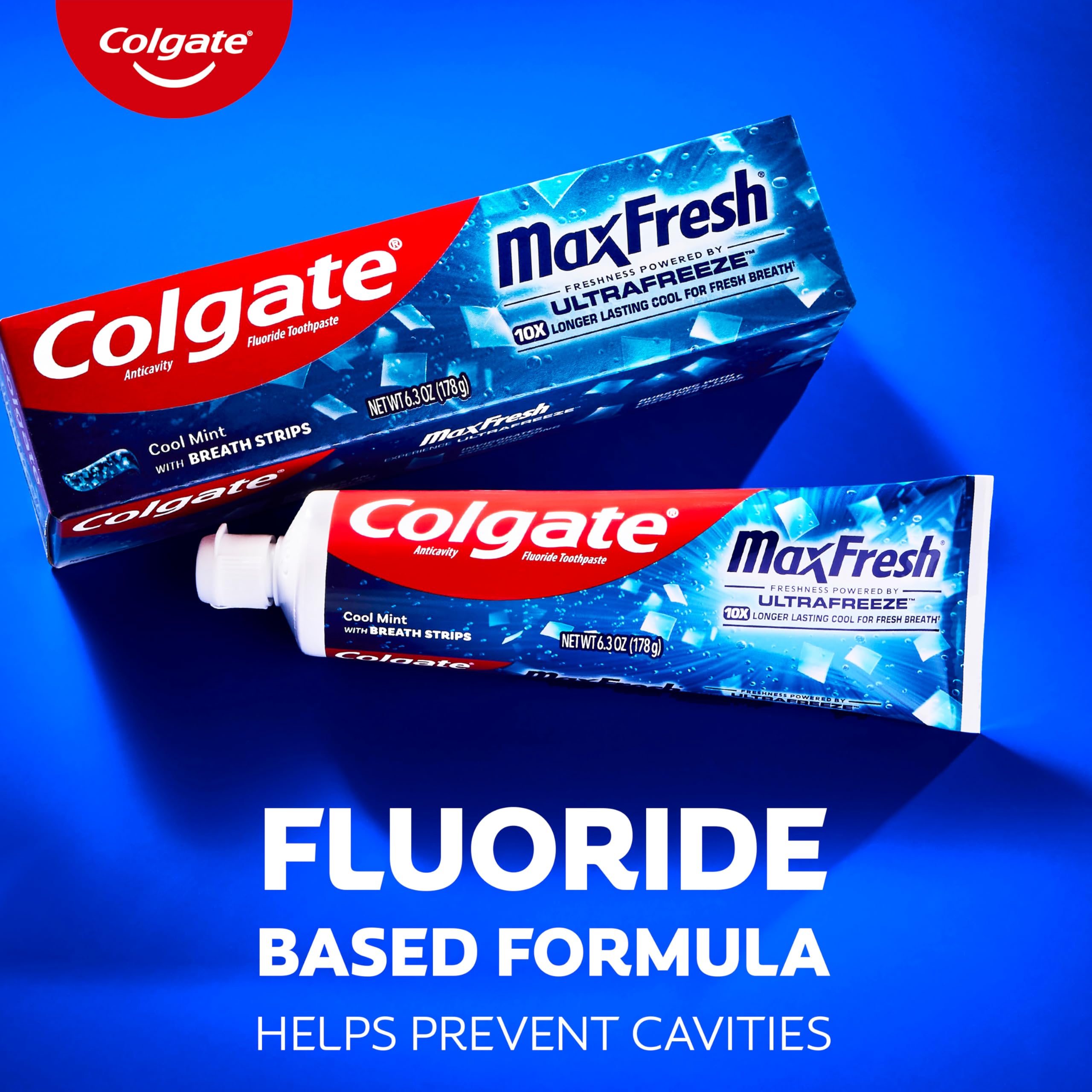 Colgate MaxFresh label showing active fluoride ingredient and cavity protection benefit