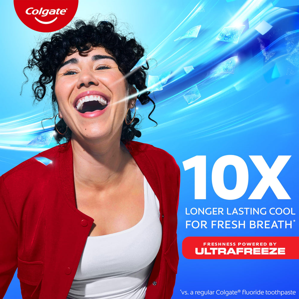 Colgate MaxFresh paste texture with visible mini breath strips highlighting extra freshness