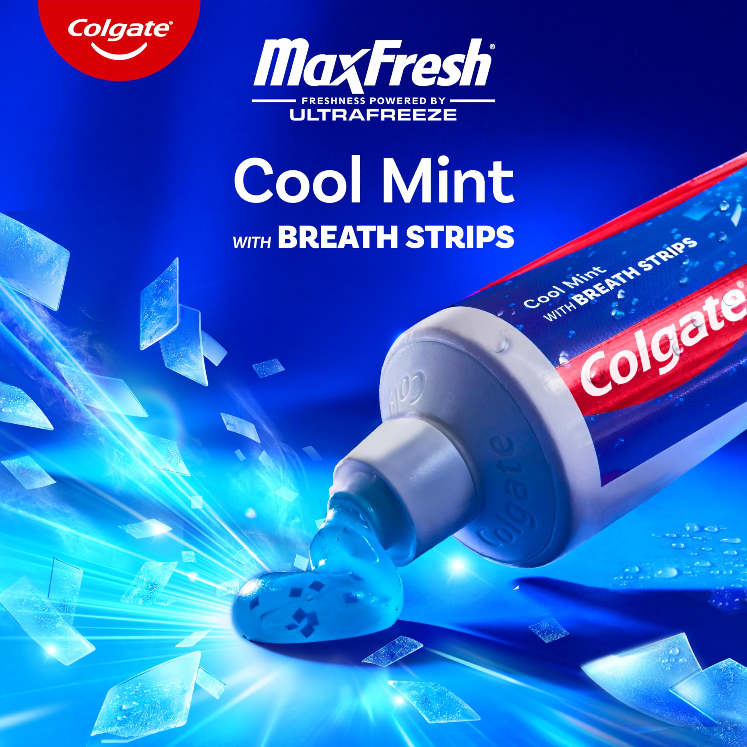 Colgate MaxFresh tube cap close-up demonstrating secure closure and leak-resistant benefit