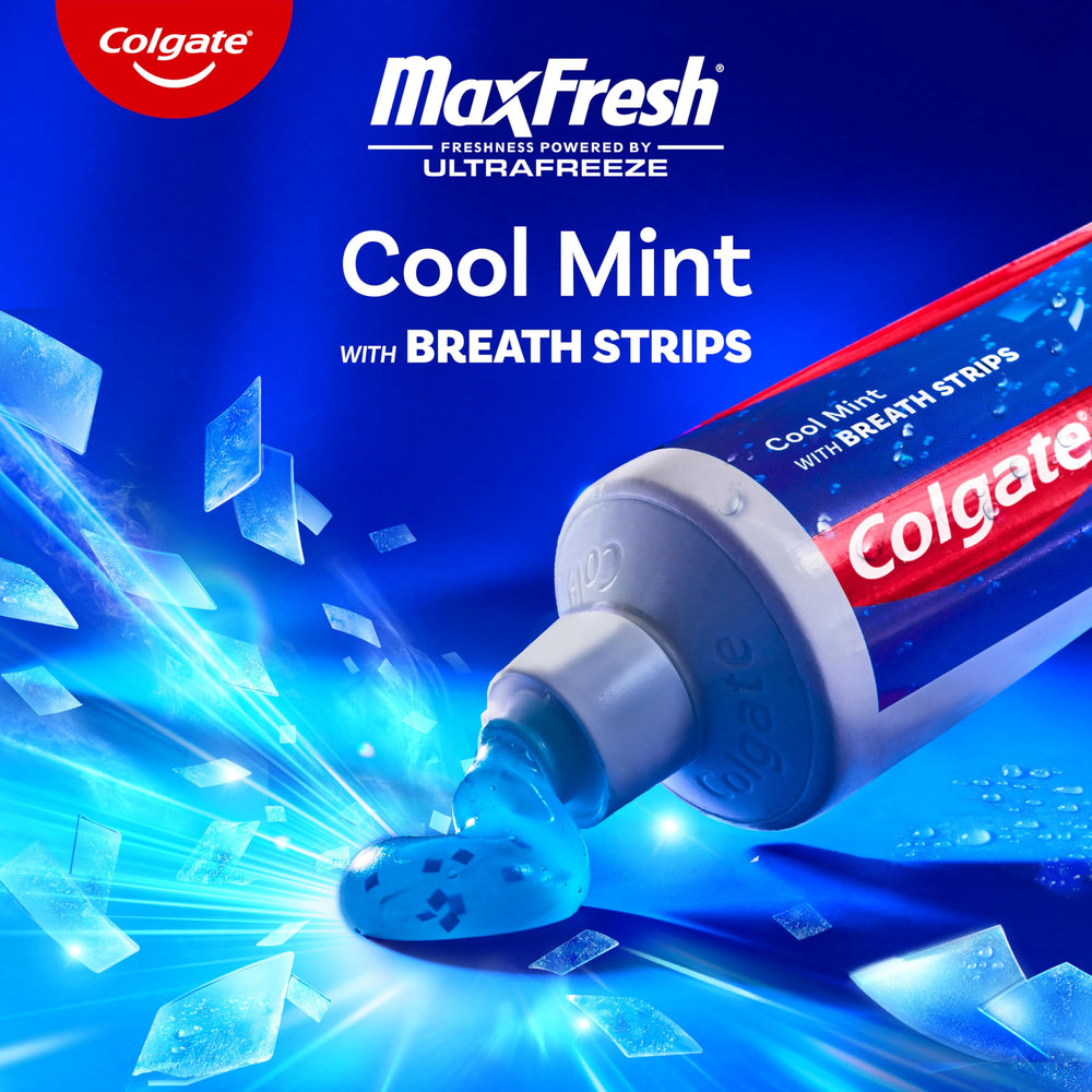 Colgate MaxFresh tube cap close-up demonstrating secure closure and leak-resistant benefit