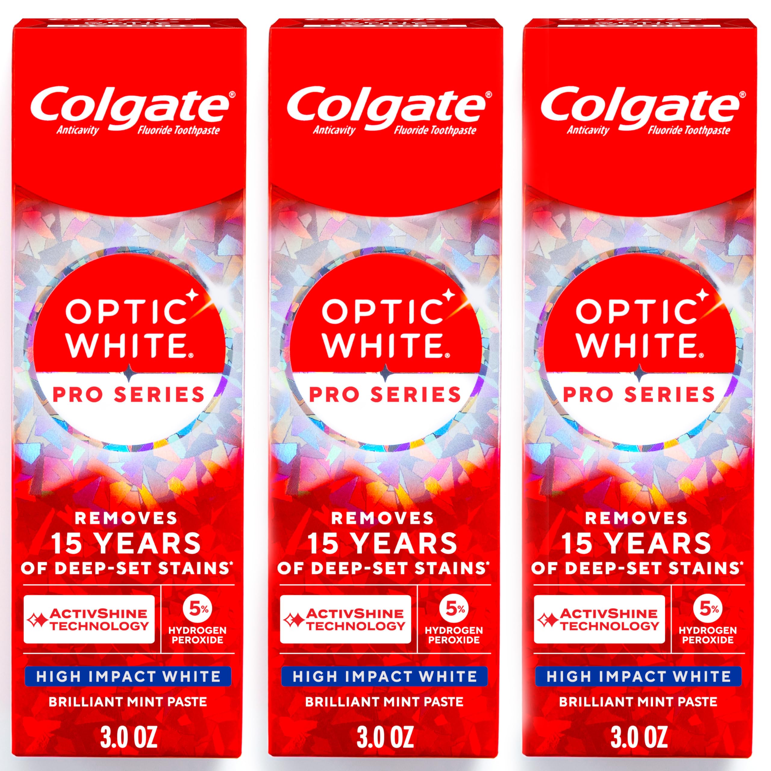 Colgate front packaging showing three tubes and brightening benefit