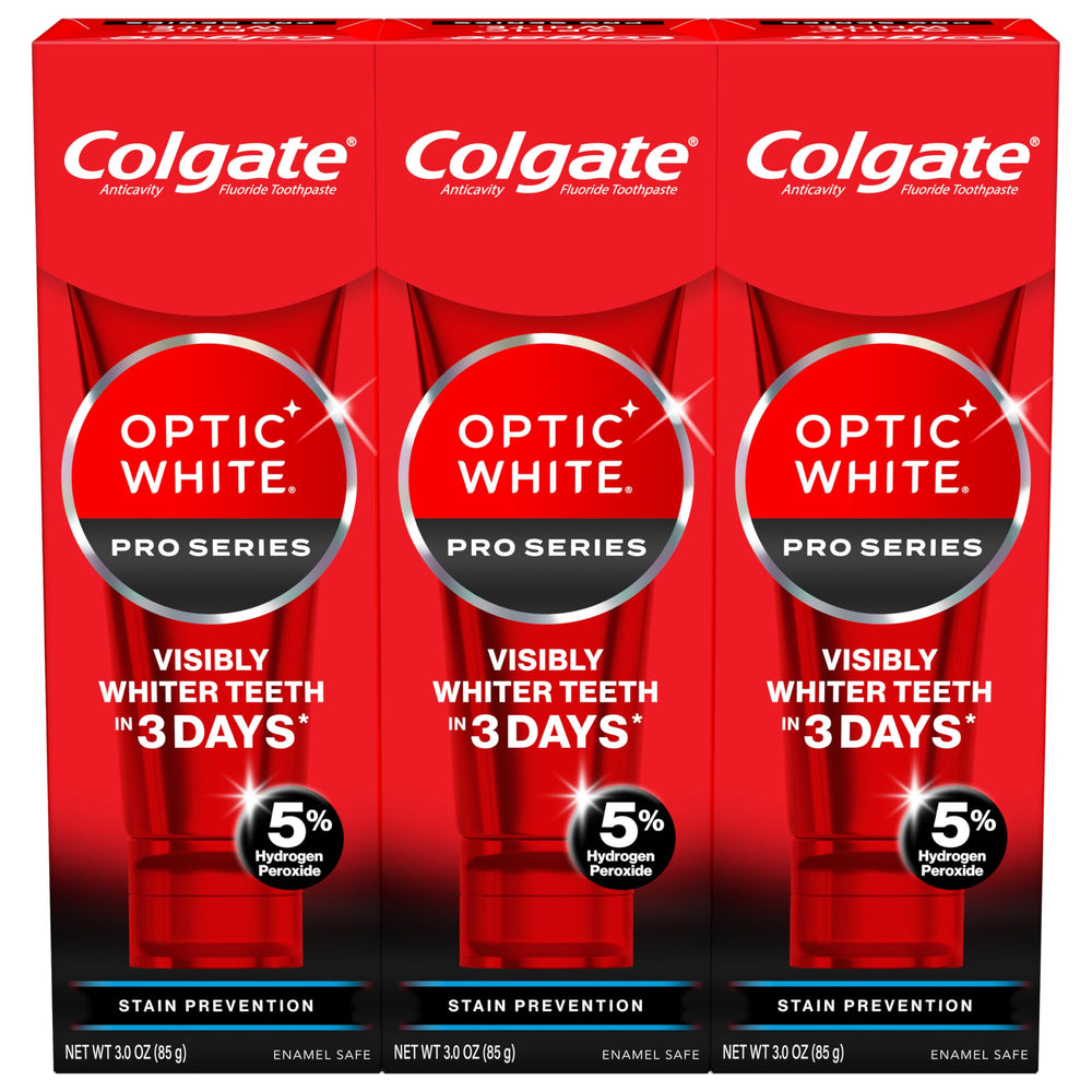 Colgate Optic White Pro Series front packaging showing three tubes and benefits