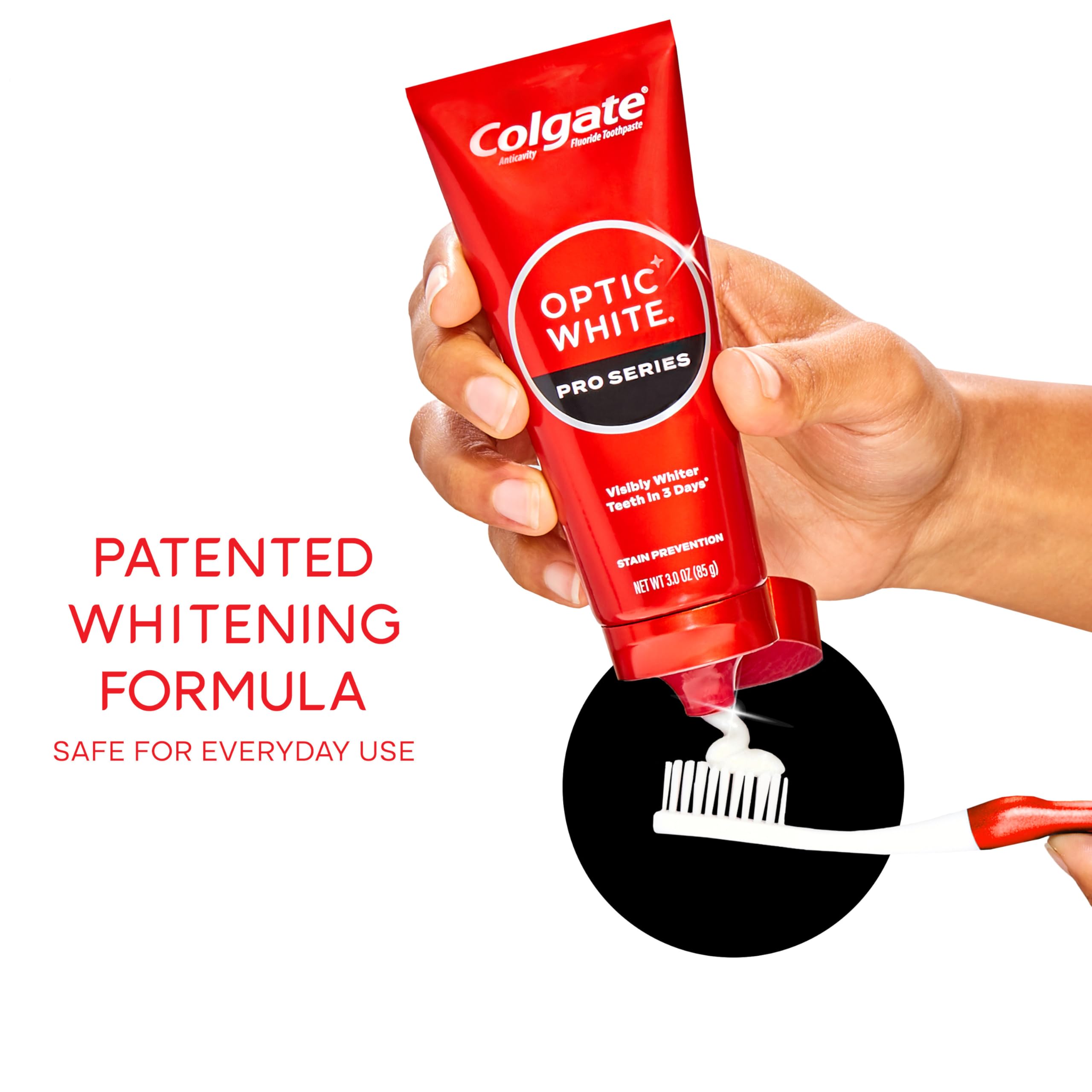 Hand holding Colgate Optic White Pro Series tube for size comparison and travel convenience
