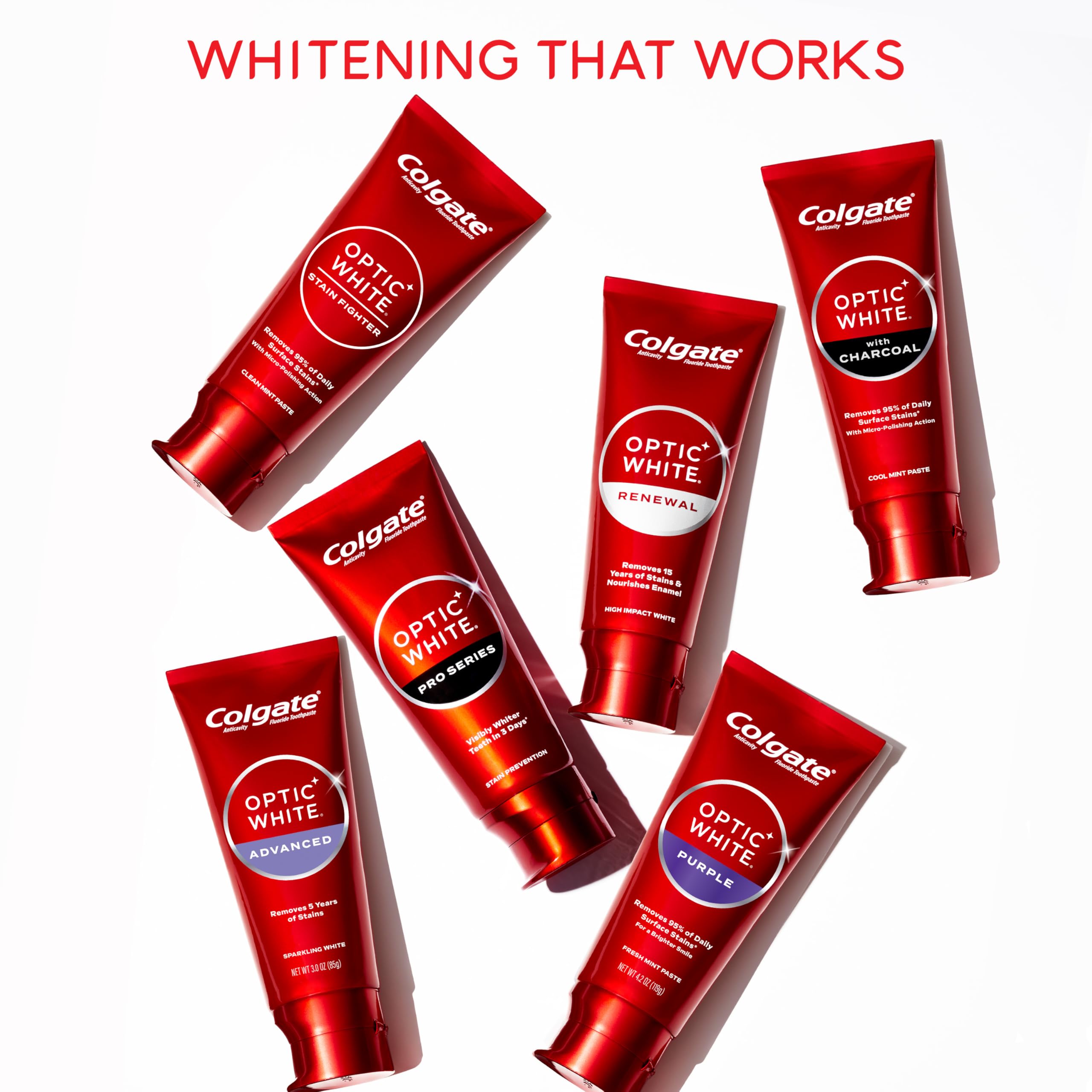 Three Colgate Optic White Pro Series tubes arranged to show included 3-pack value