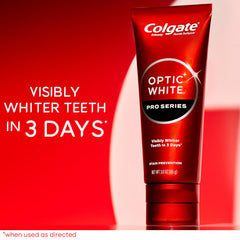 Colgate Optic White Pro Series toothpaste tube close-up highlighting branding and cap