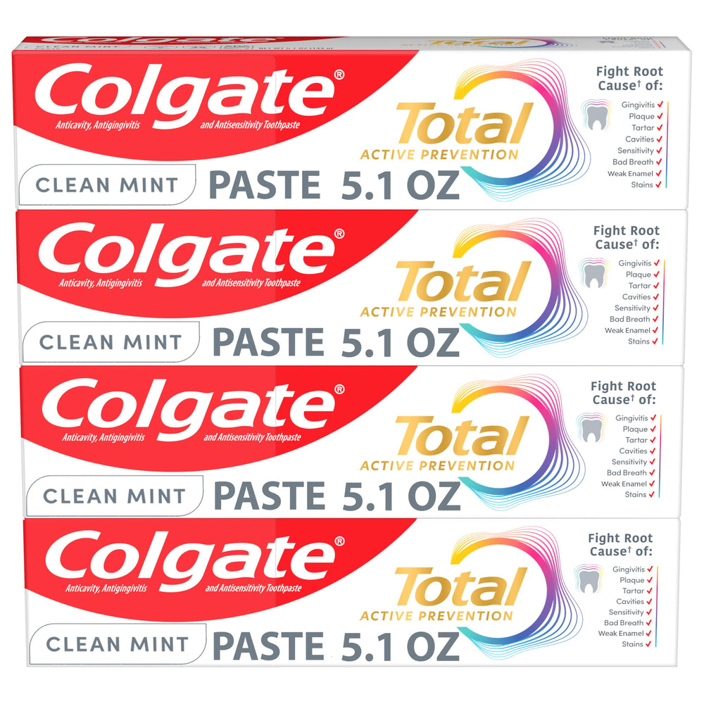 Colgate Total front packaging showing four tubes and brand benefit