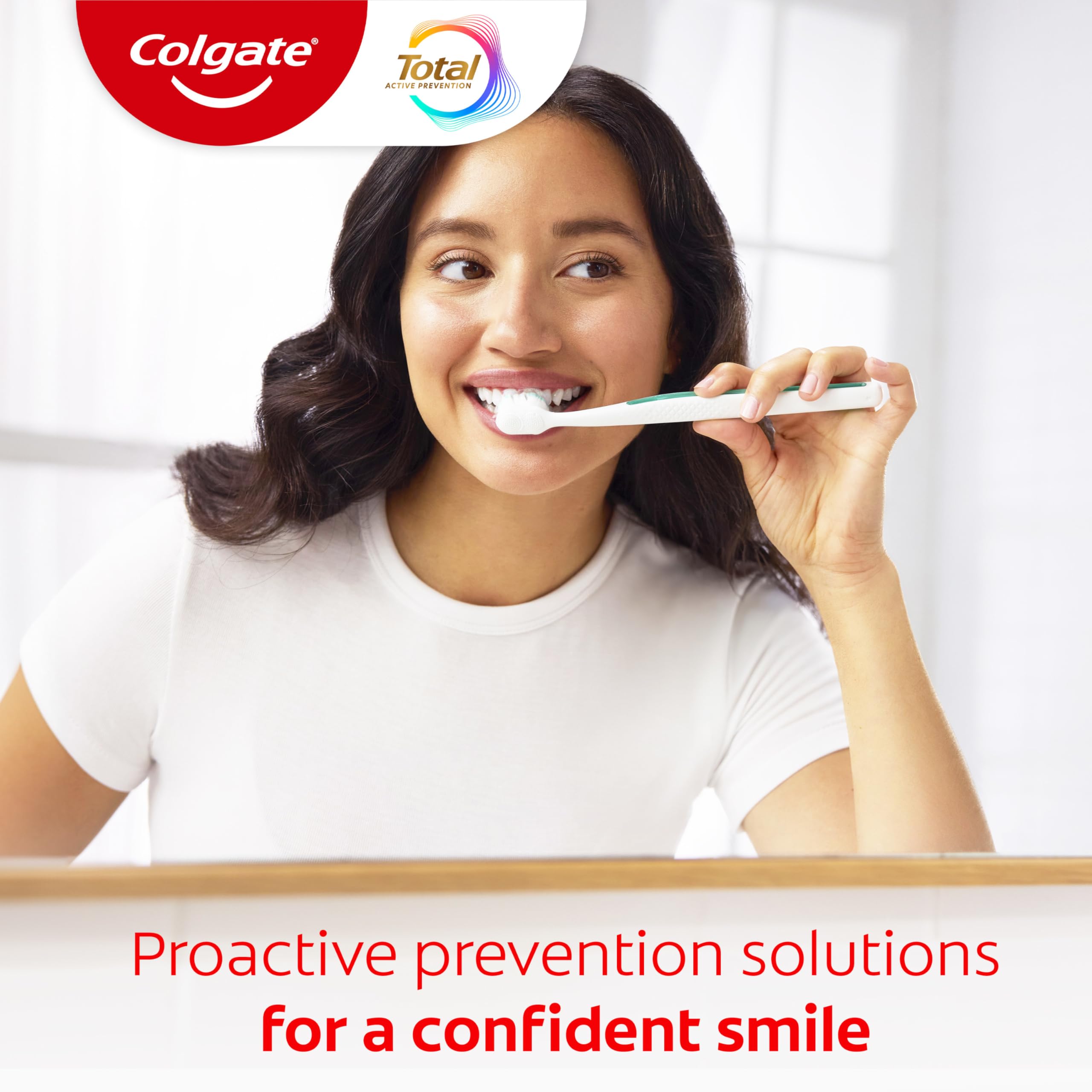 Colgate Total tube staged on bathroom counter demonstrating everyday use benefit