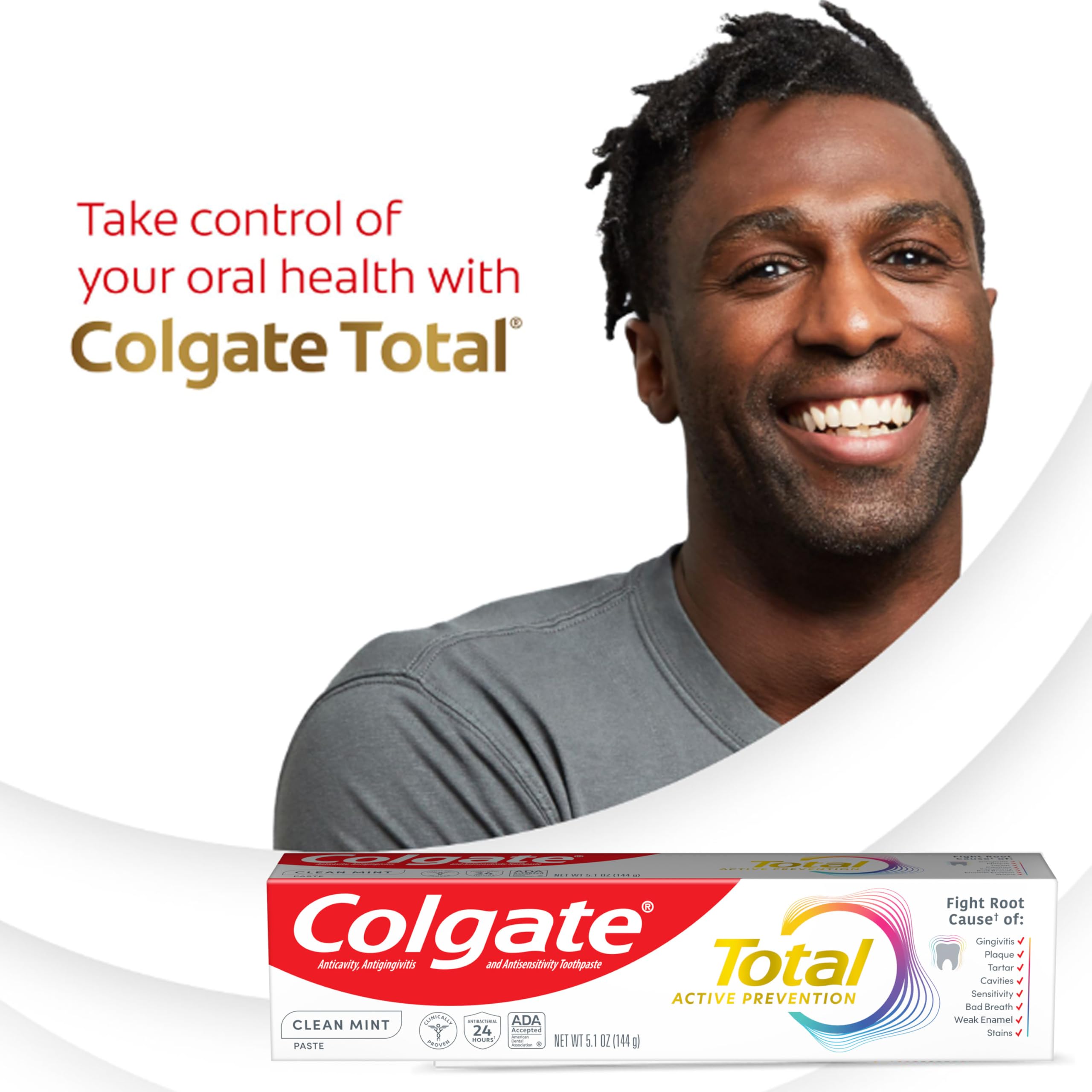 Colgate Total label close-up showing active stannous fluoride ingredient benefit