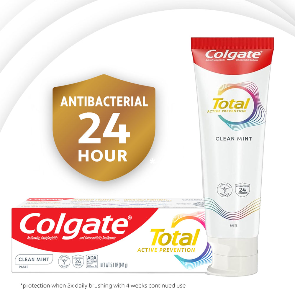 Colgate Total next to toothbrush for scale showing generous 5.1 oz tubes benefit