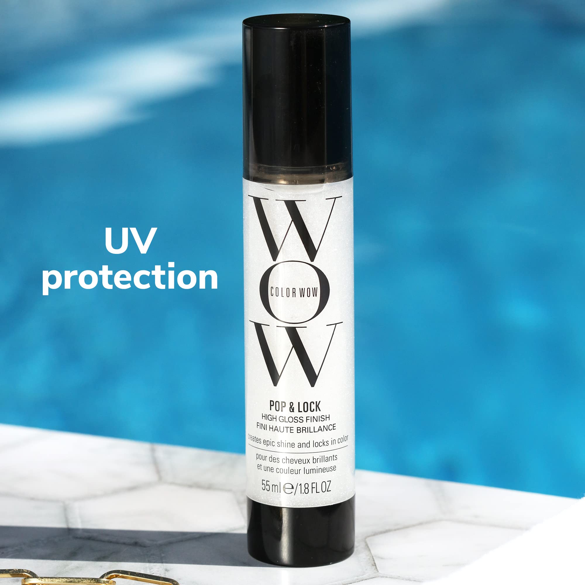 COLOR WOW on dry styled hair close-up showing high-gloss shine benefit