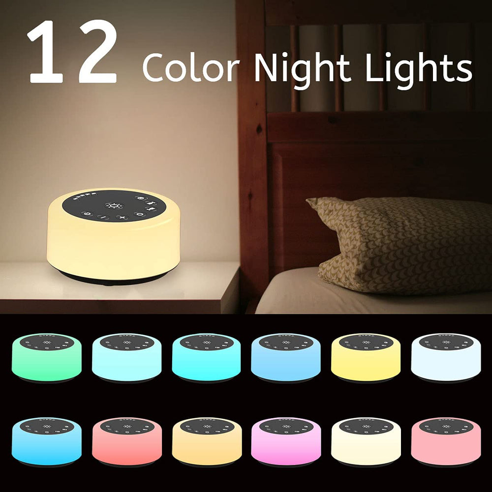 ColourNoise Soother glowing color options demonstrating 12 night-light colors for soothing ambiance
