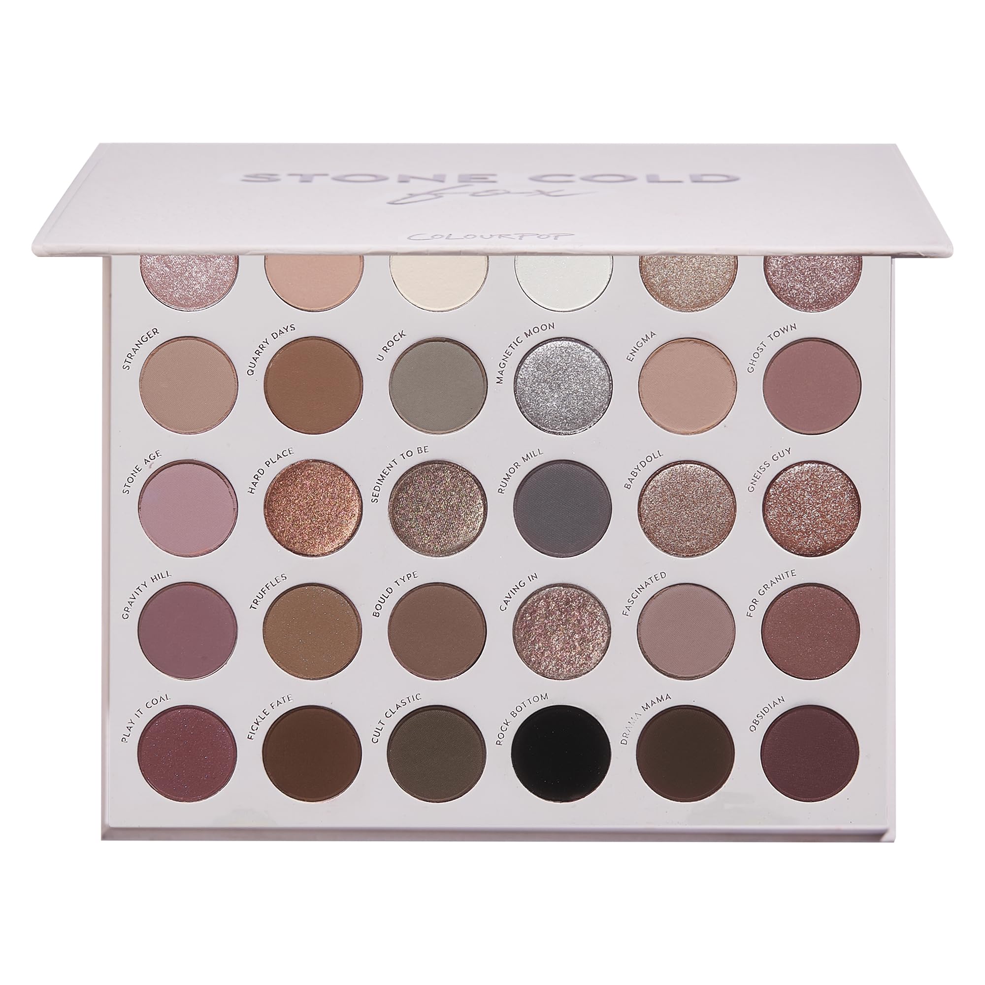 ColourPop flat lay of Stone Cold Fox palette showing all 30 pans and variety benefits