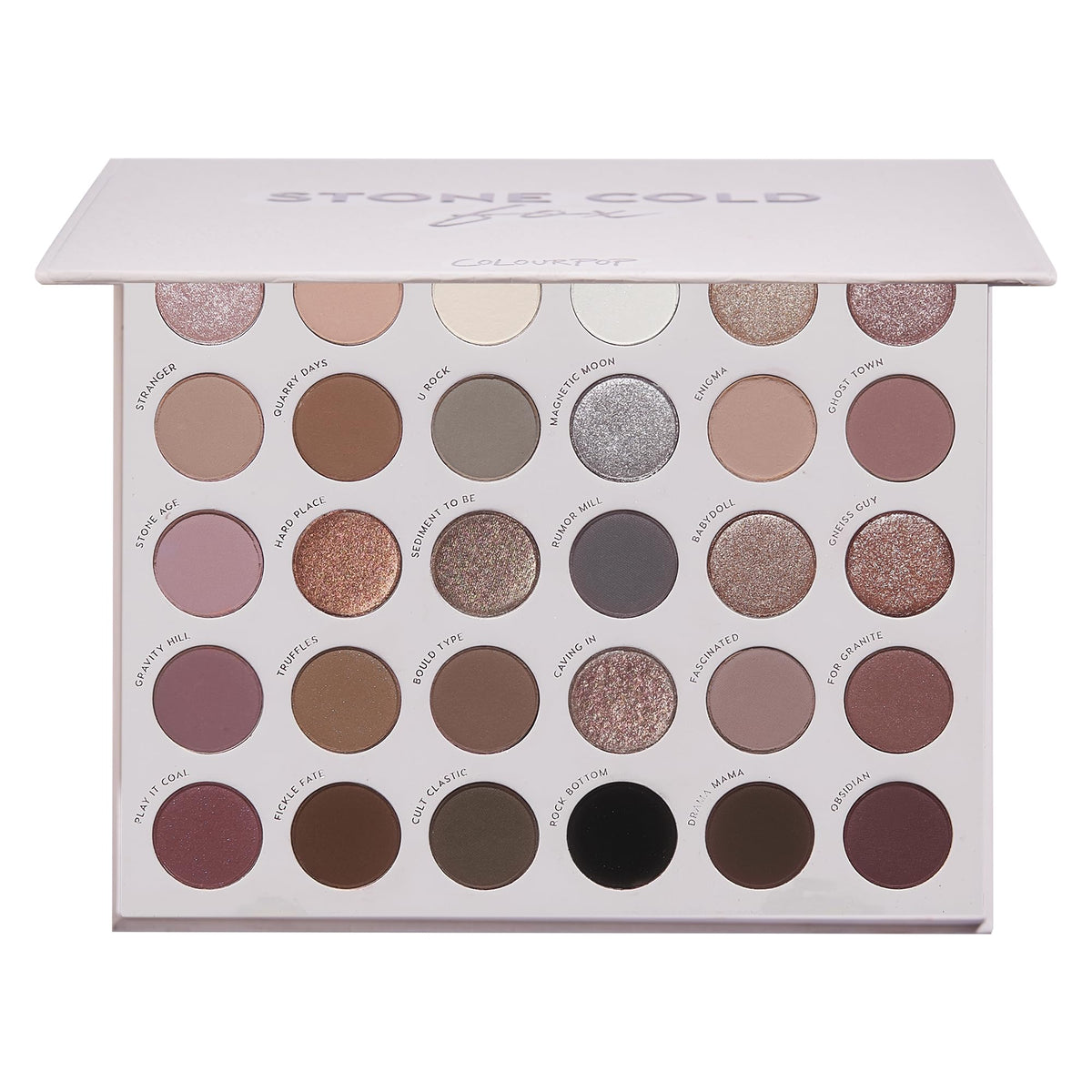 ColourPop flat lay of Stone Cold Fox palette showing all 30 pans and variety benefits