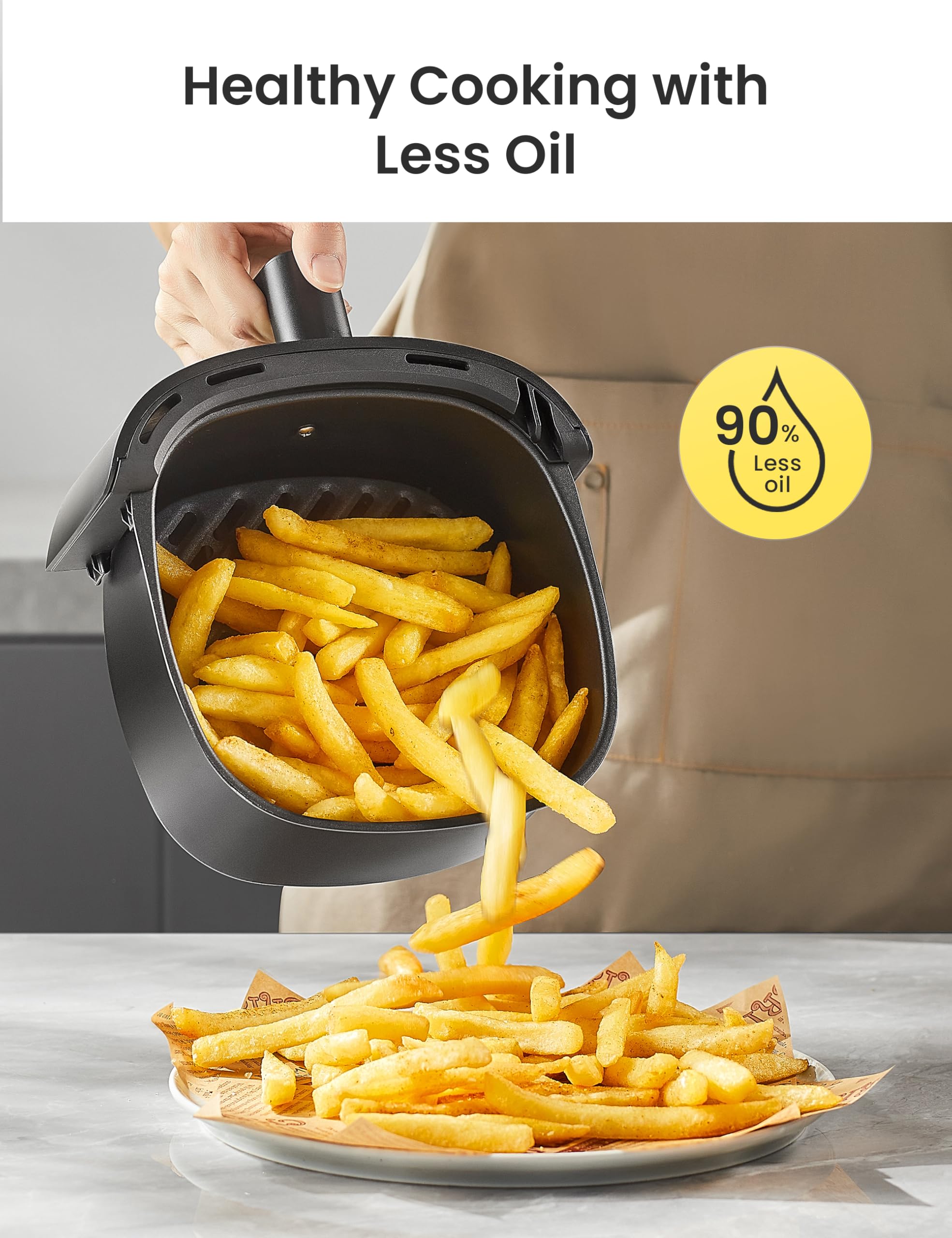COMFEE' close-up of nonstick frying basket showing easy-release surface and cleaning benefit