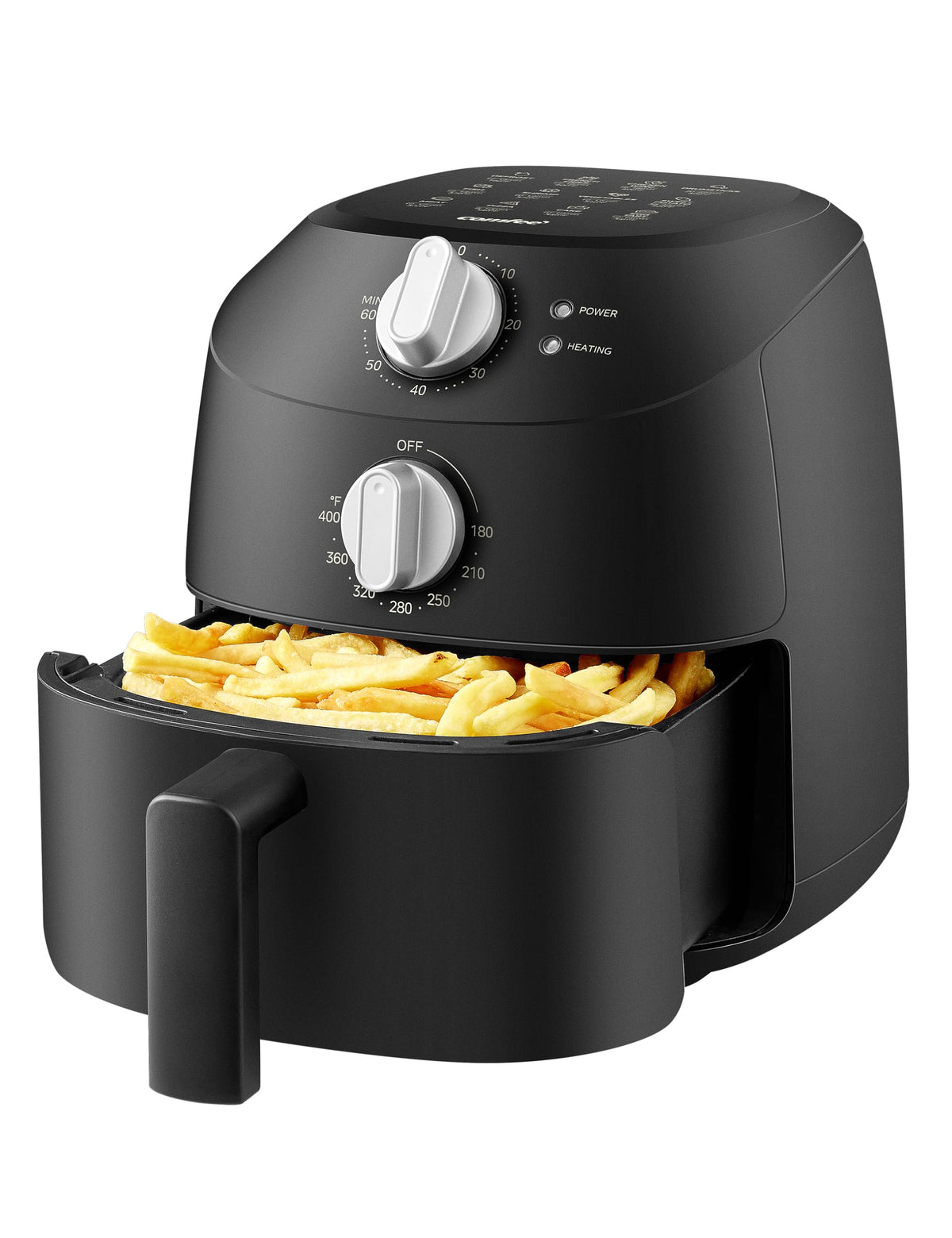 COMFEE' front view compact air fryer showing control panel and sleek black finish