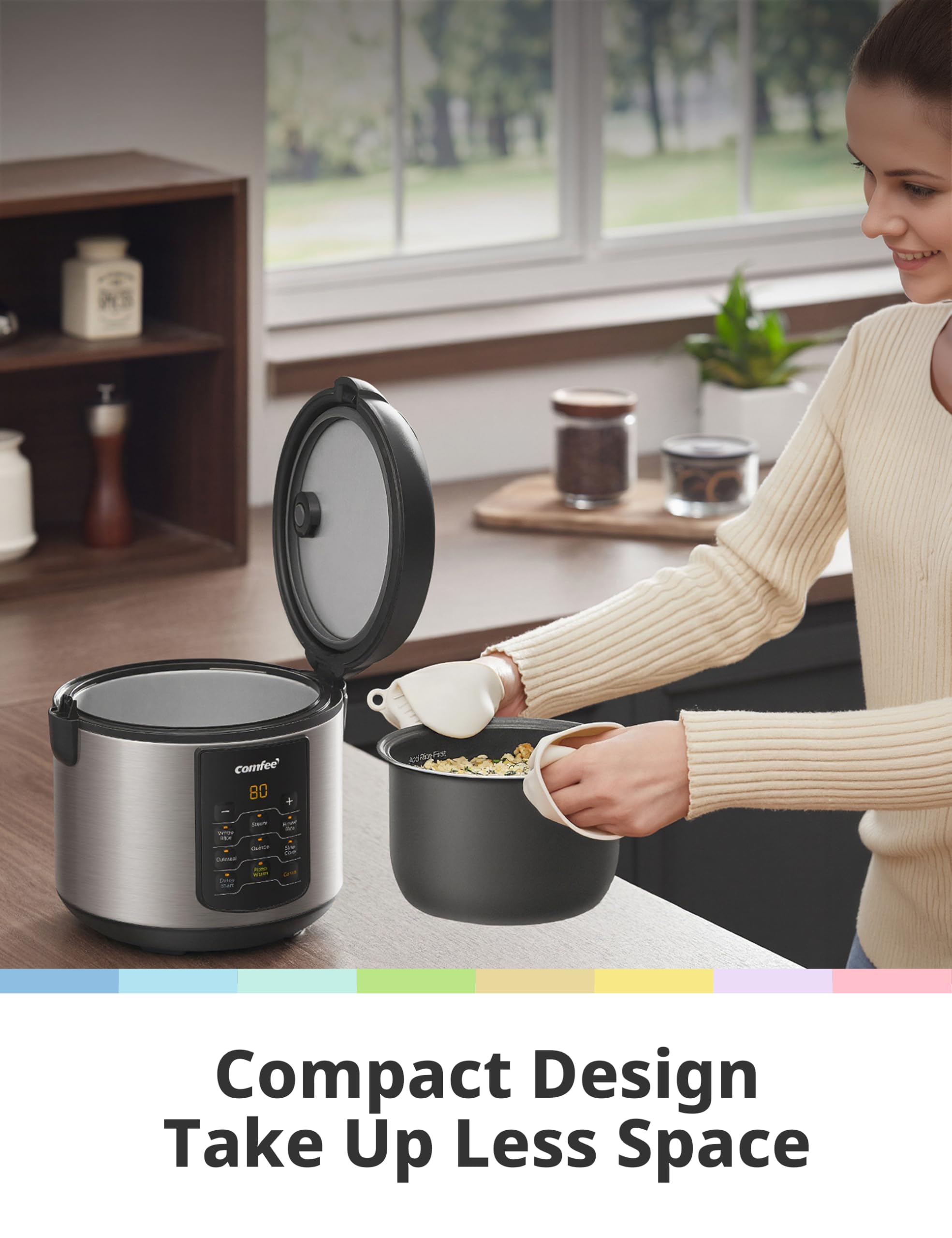 COMFEE' rice cooker in a small kitchen setting illustrating space-saving design and style