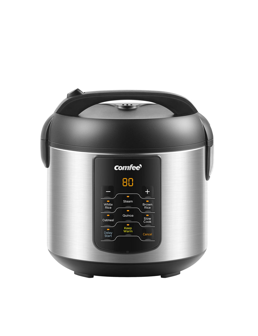 COMFEE' rice cooker front view showing compact stainless steel body and lid, great countertop fit