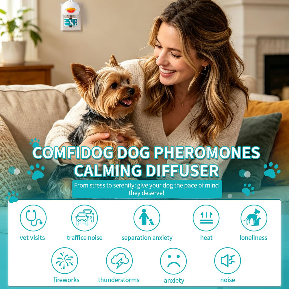 Comfidog refill bottle label detail indicating vet-grade pheromones benefit
