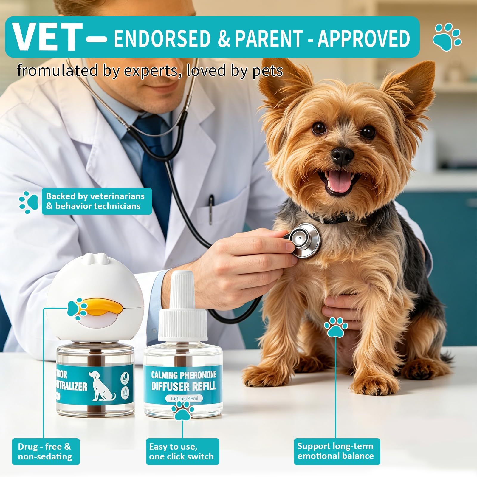 Comfidog two plug-ins and four refills arranged showing long-lasting supply benefit