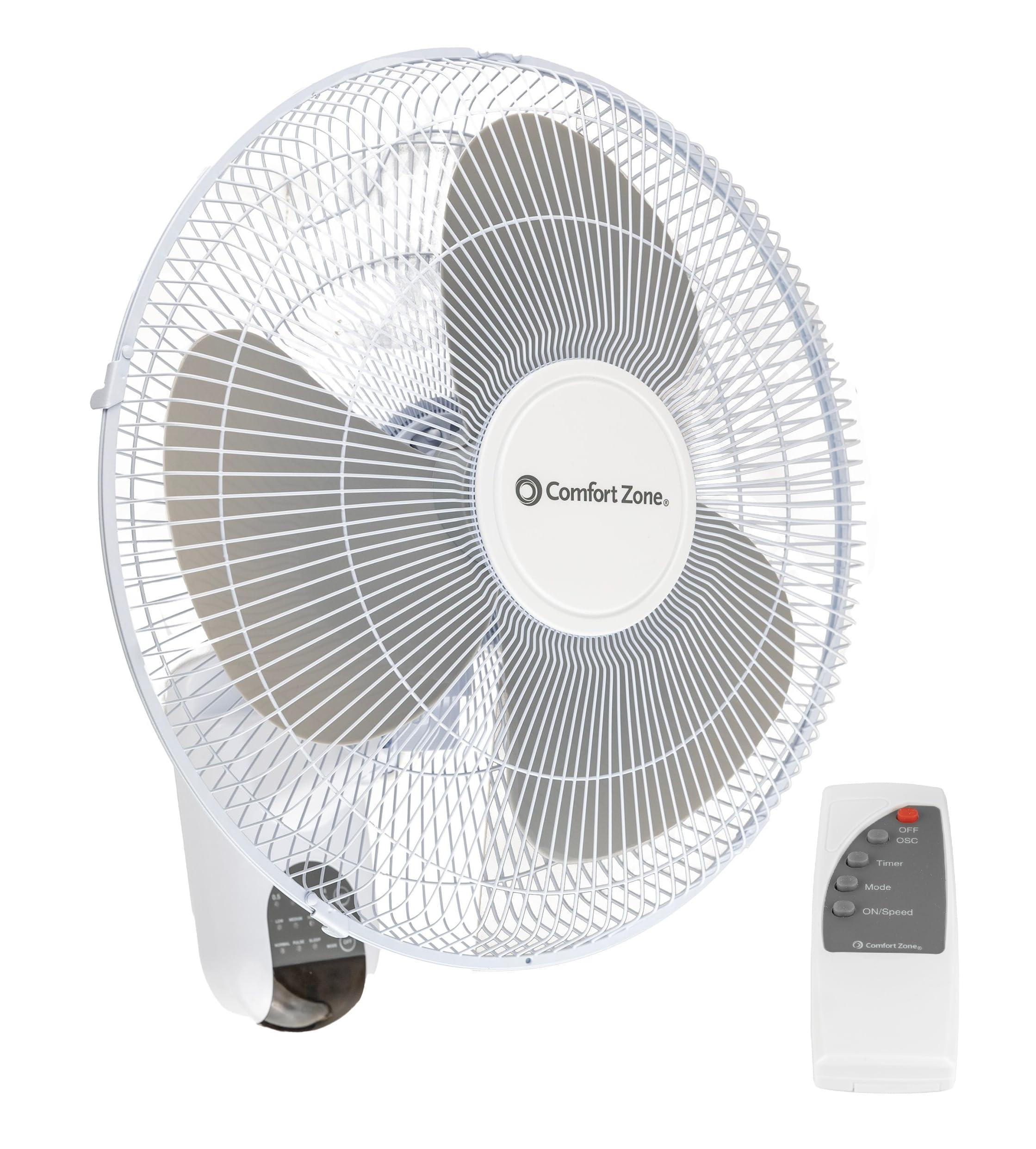 Comfort Zone front view of 16 inch wall fan showing controls and compact profile for space saving