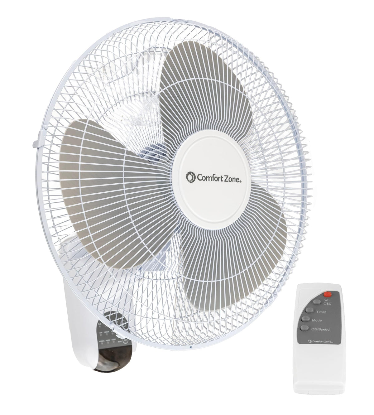 Comfort Zone front view of 16 inch wall fan showing controls and compact profile for space saving