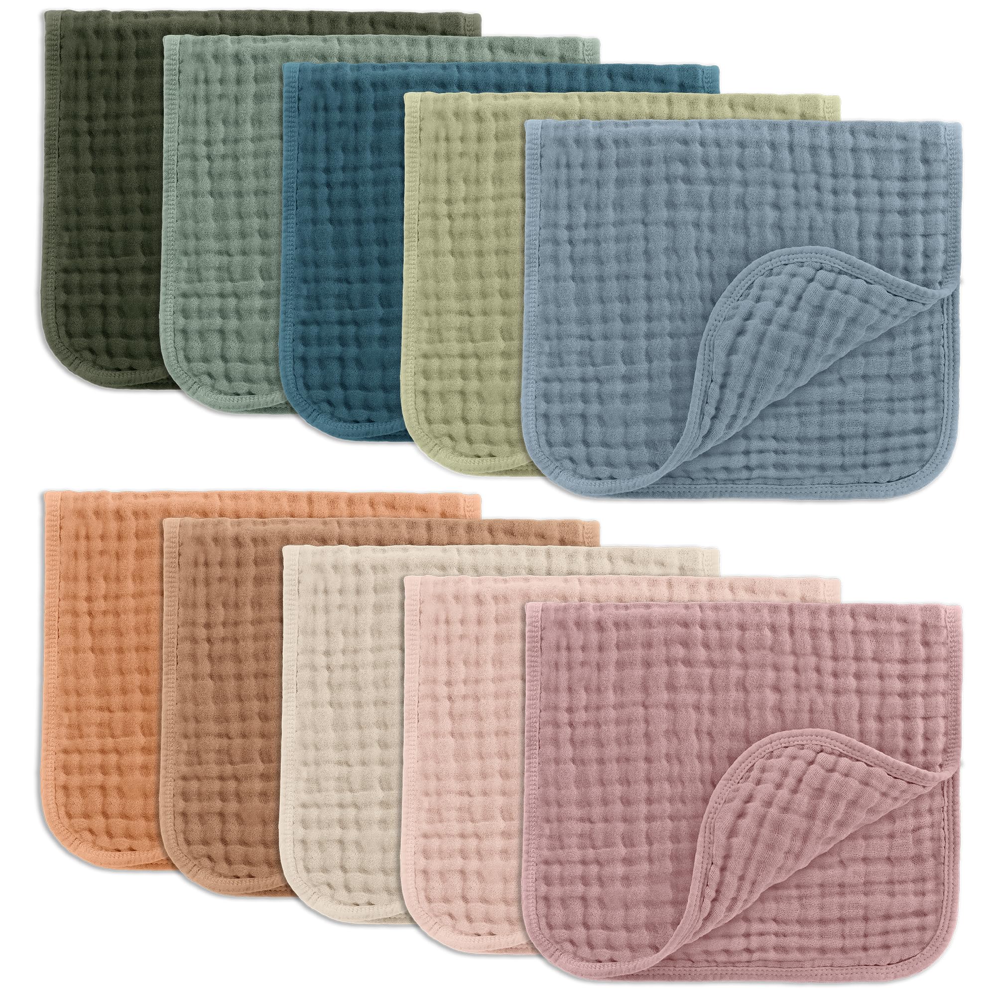 Comfy Cubs front packaging showing ten multi-pattern burp cloths and gift-ready presentation