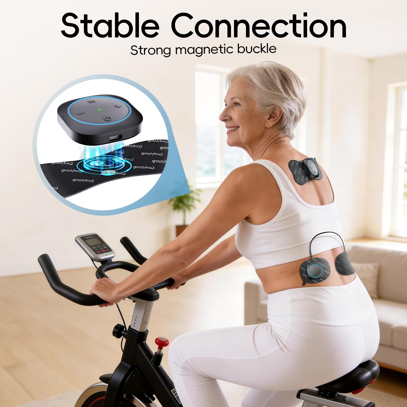 Comfytemp applied on shoulder delivering targeted stimulation and muscle relaxation