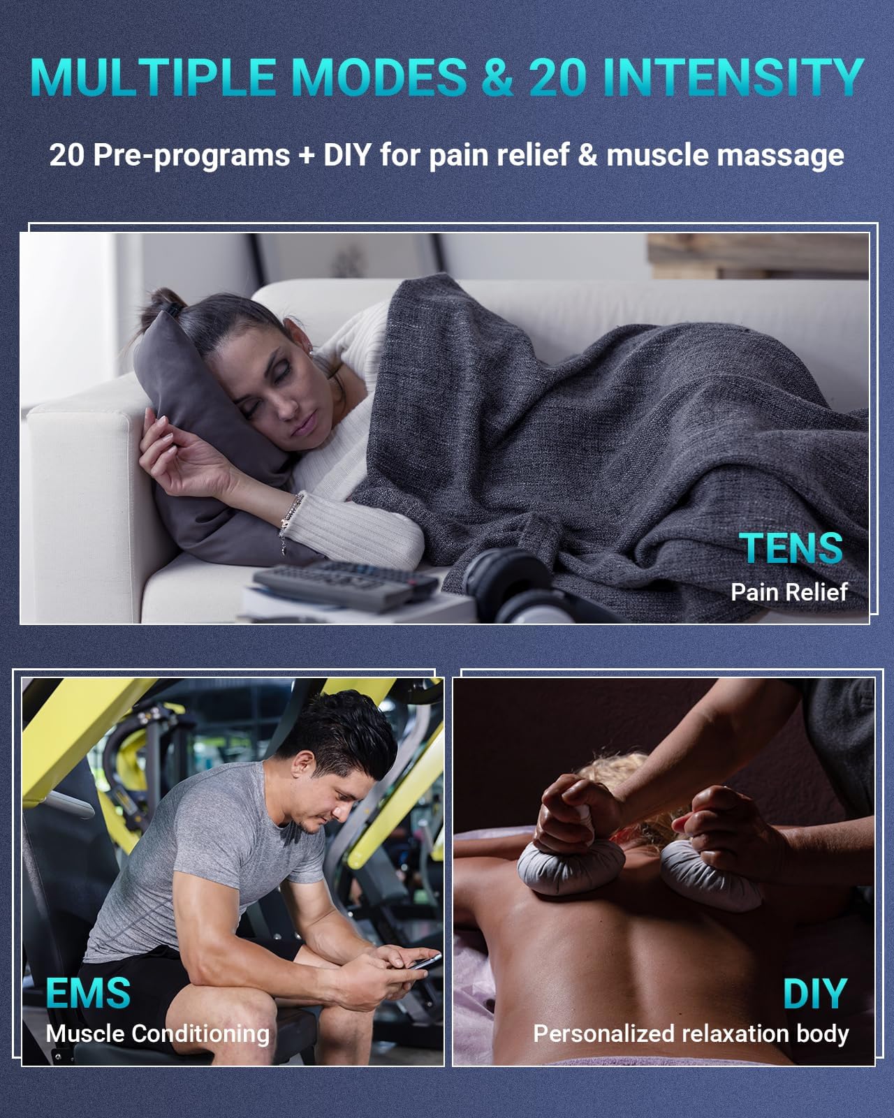 Comfytemp large electrode pads placed on back for broad-area pain relief