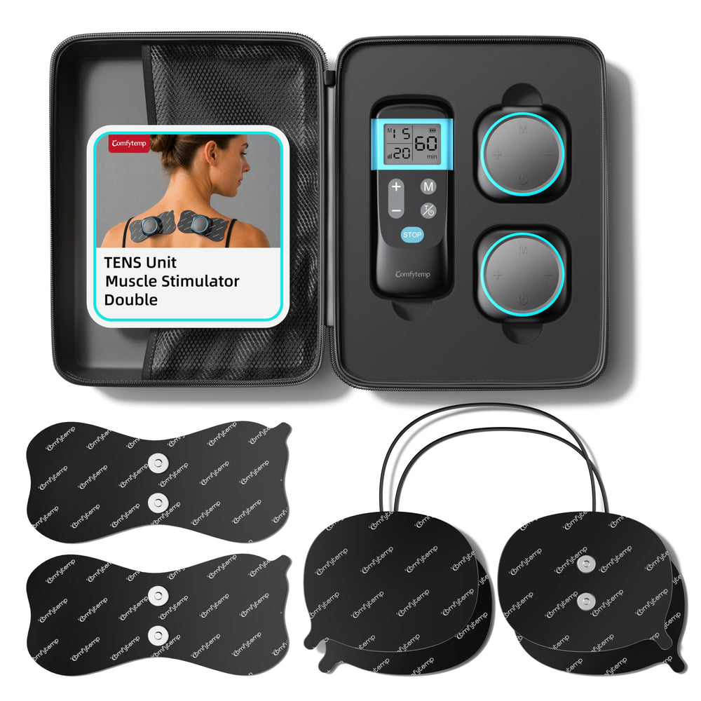 Comfytemp unboxed contents showing units pads remote and carrying case for convenience