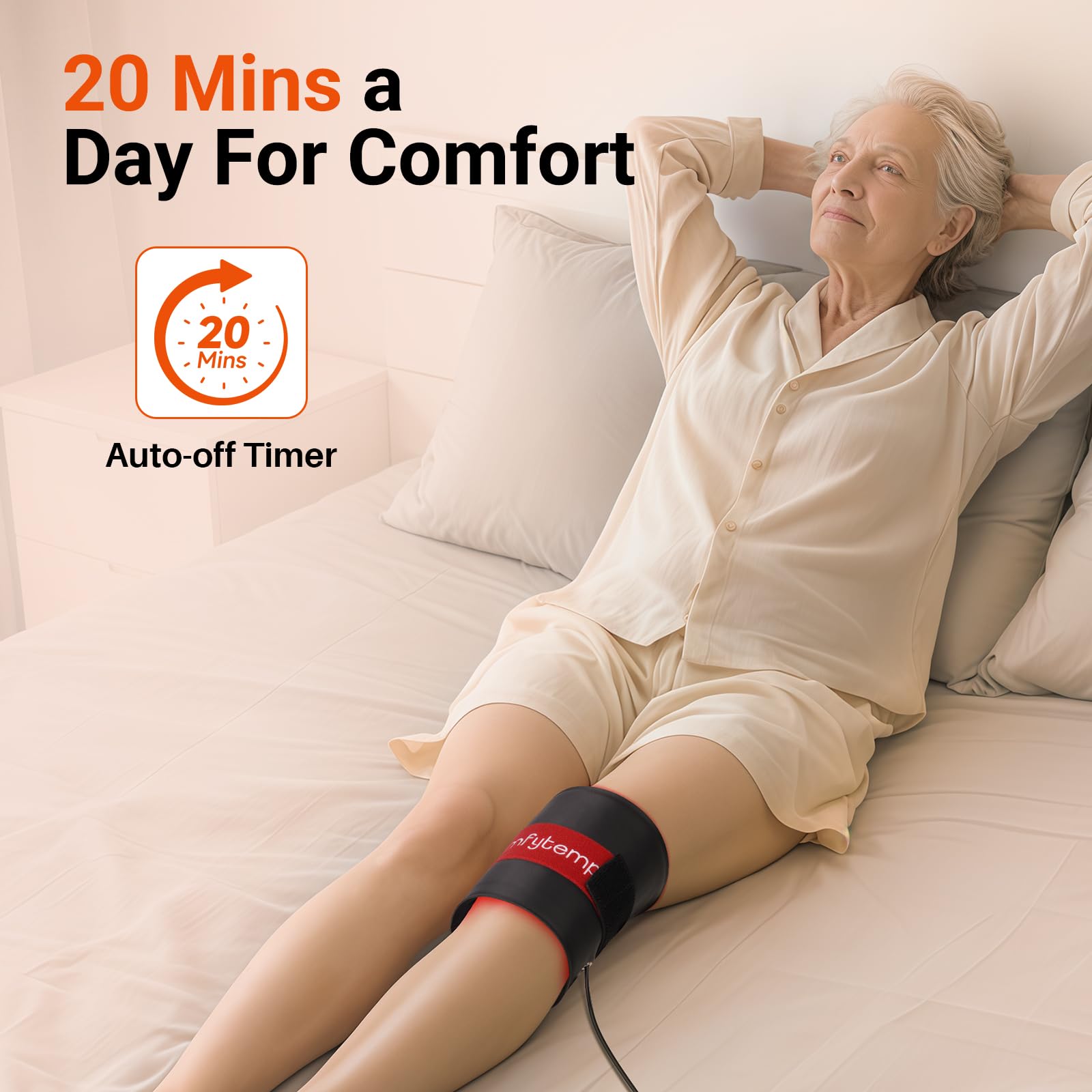 Comfytemp pad wrapped on knee demonstrating secure fit and hands-free use