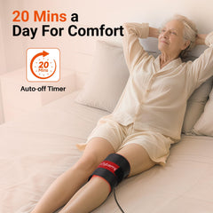 Comfytemp pad wrapped on knee demonstrating secure fit and hands-free use
