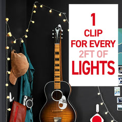 Command clips supporting fairy lights to create even, secure lighting