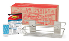 Command shower caddy front view showing organized bottles and tidy storage benefit