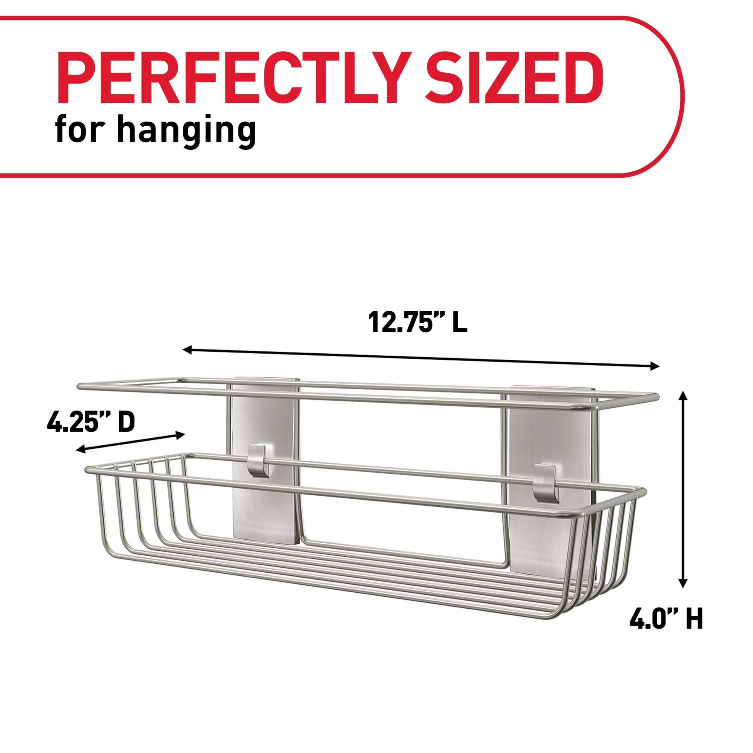 Command shower caddy side profile highlighting slim design and space-saving benefit