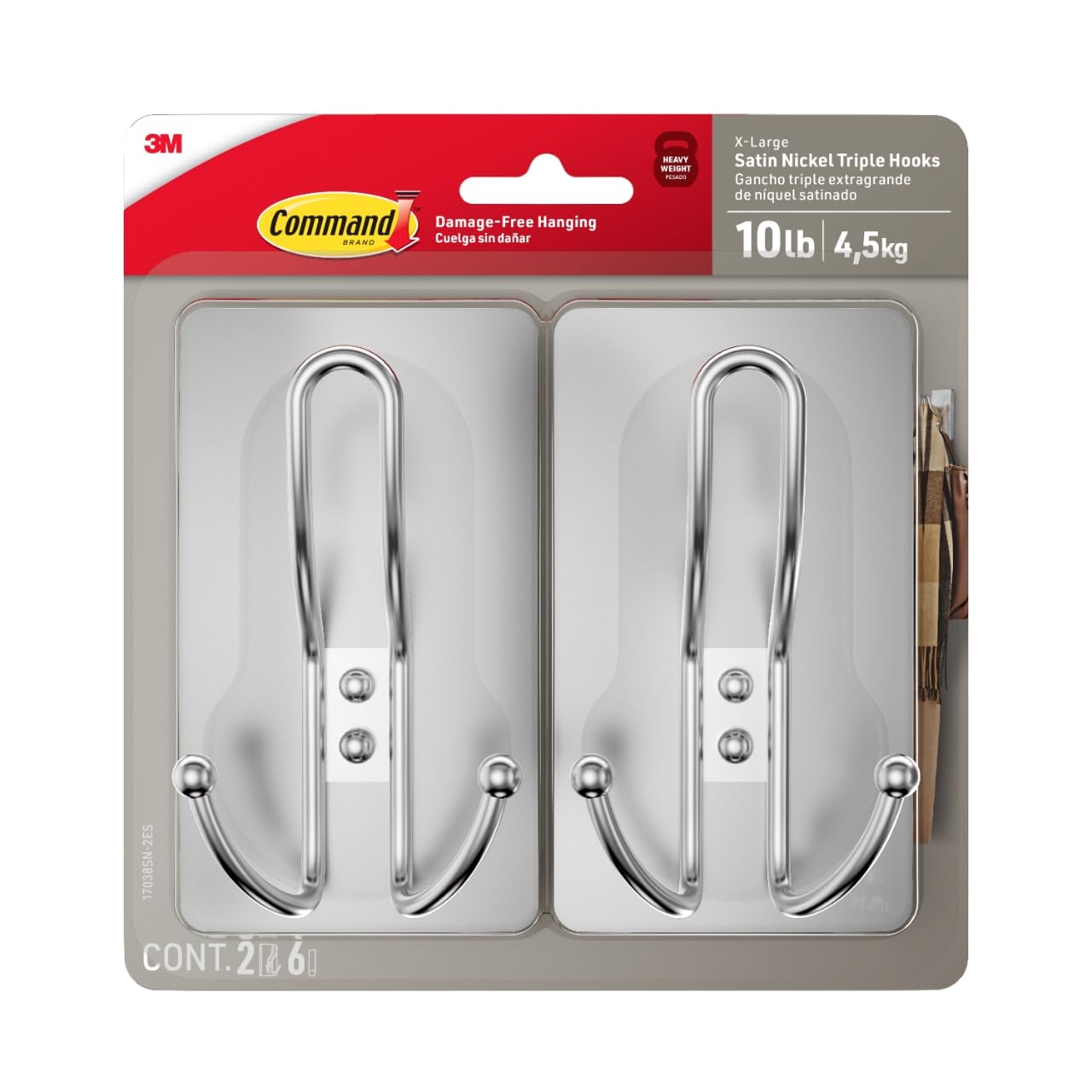 Command satin nickel triple hook front view showing sleek finish and sturdy hold