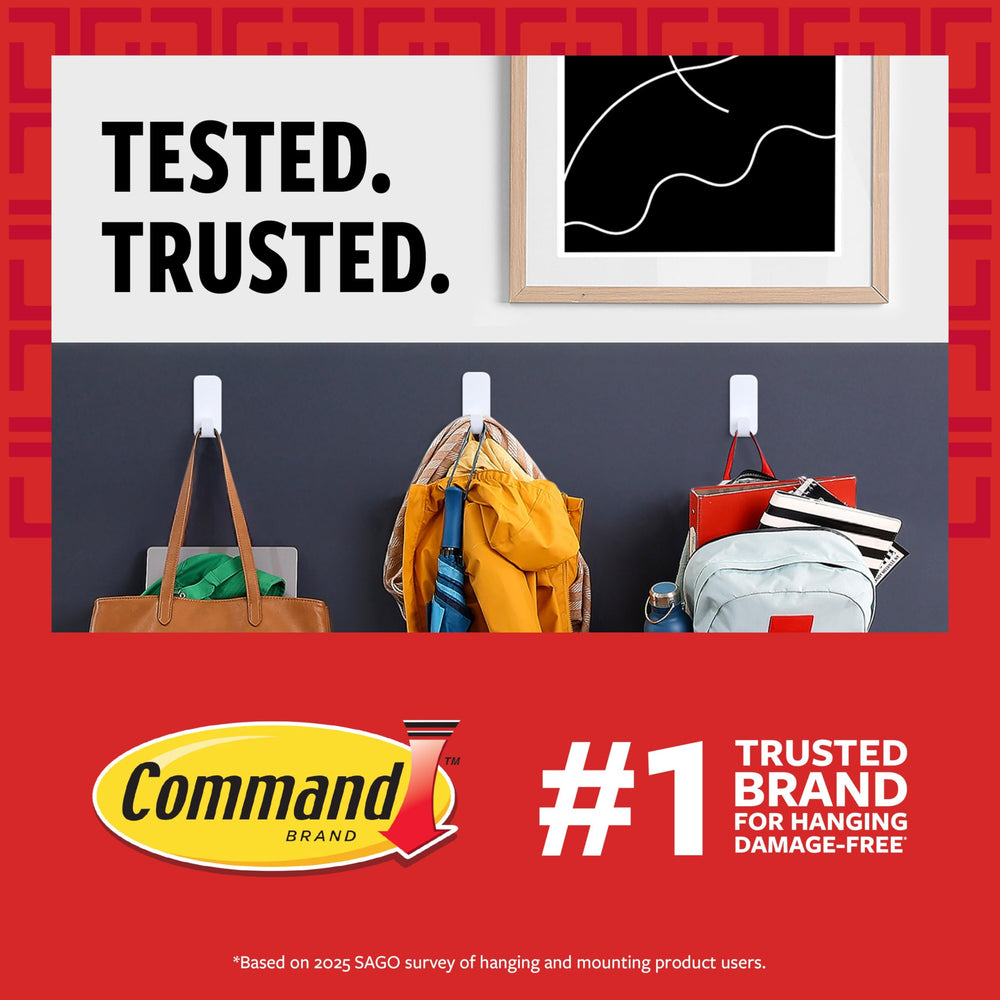 Command strip close-up showing texture and strong adhesive benefit