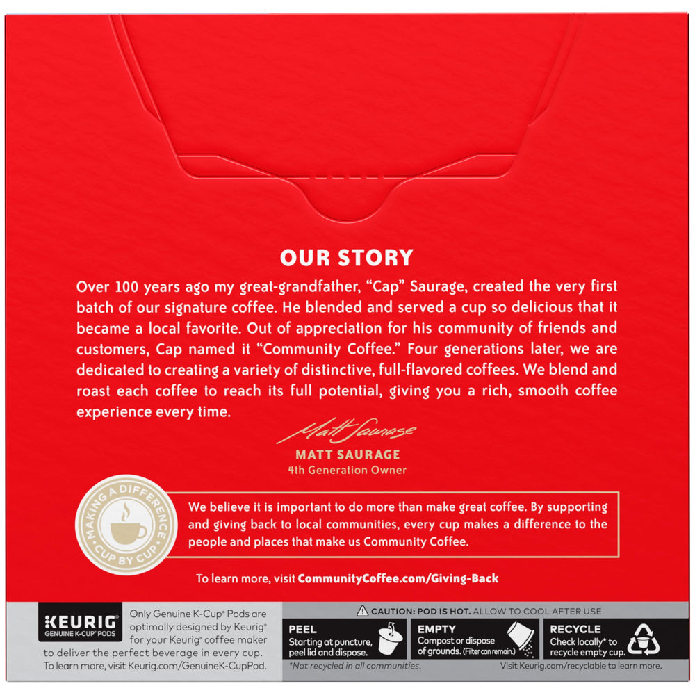 Community Coffee pod inside Keurig-style brewer for quick single-serve brewing