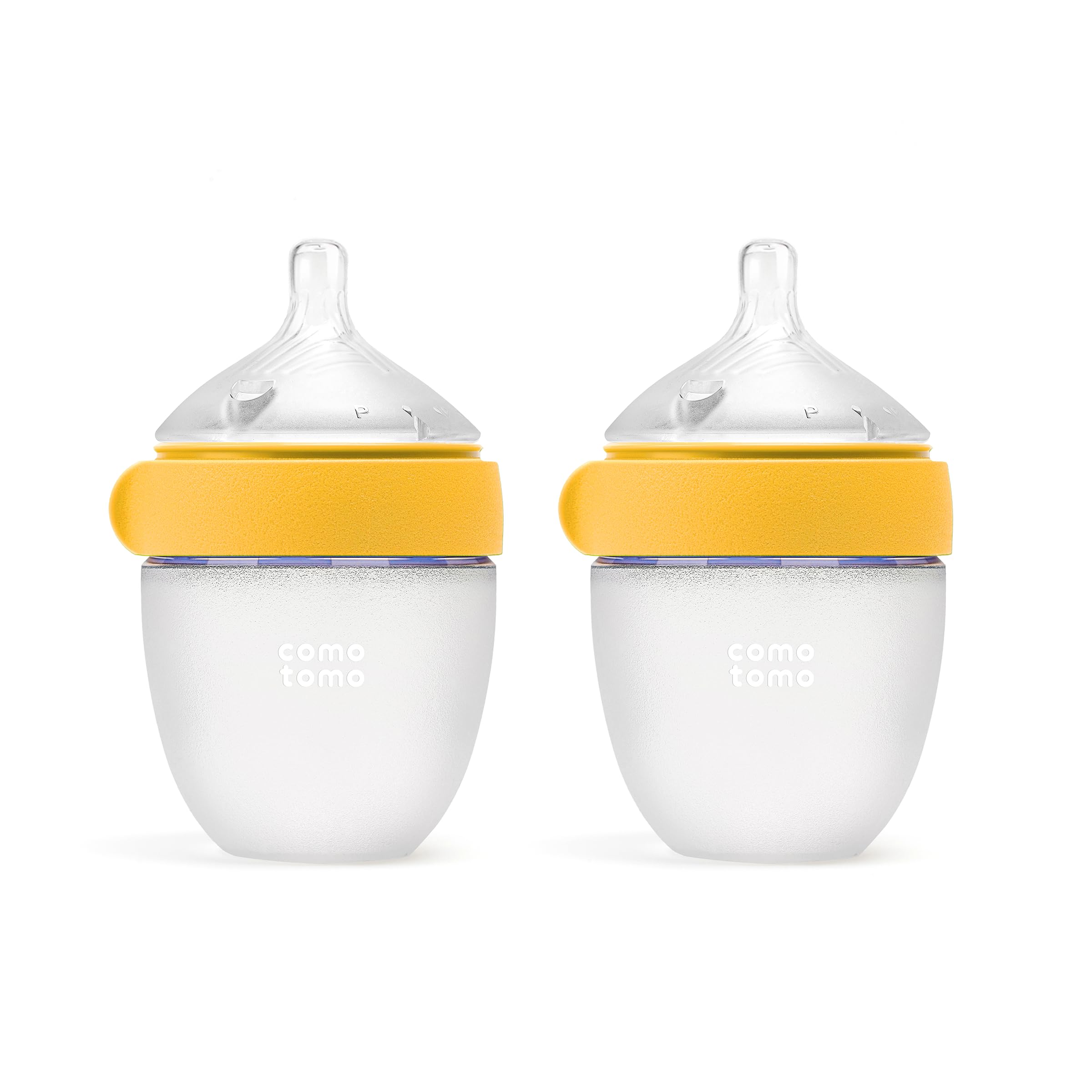 Comotomo front packaging showing two yellow 5oz bottles and benefits