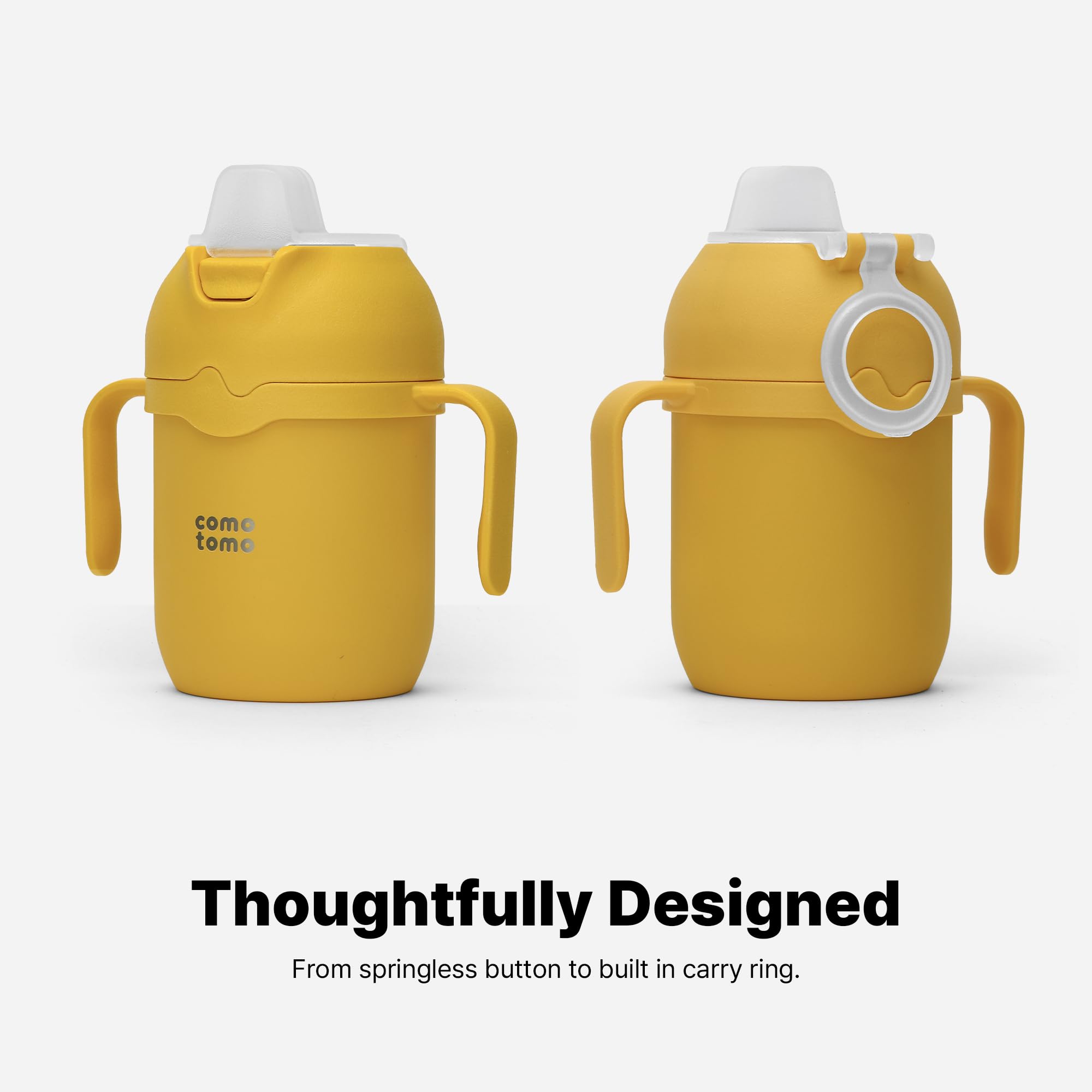 Comotomo tumbler in outdoor stroller cup holder showing leak-resistant travel use advantage
