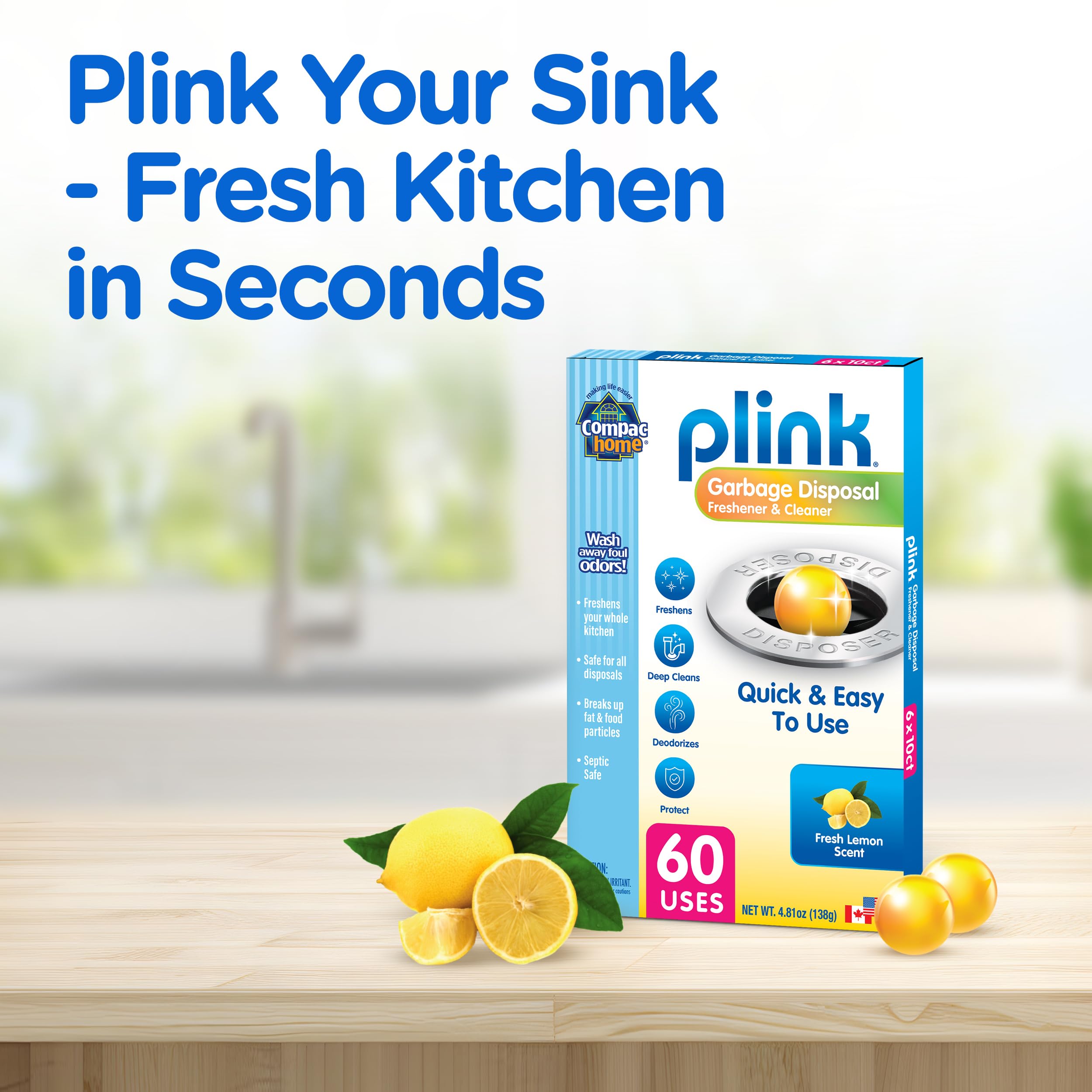 Compac Home Plink in kitchen lifestyle scene conveying fresh lemon scent and hassle-free use