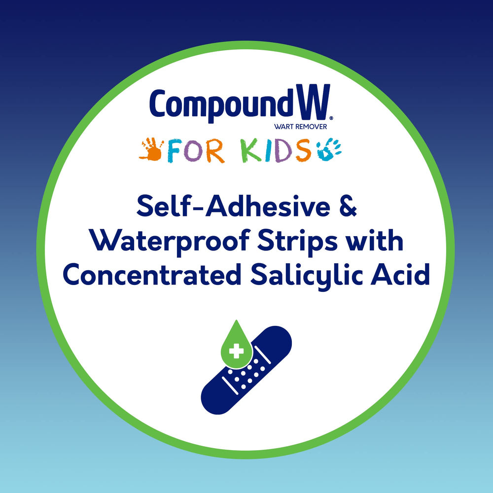 Compound W strip applied to a child’s foot offering waterproof protection
