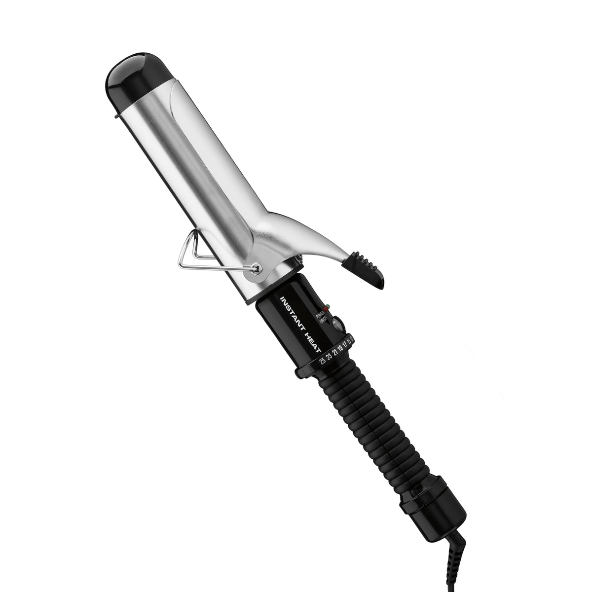 Conair curling iron front view showing barrel and handle, easy styling benefit