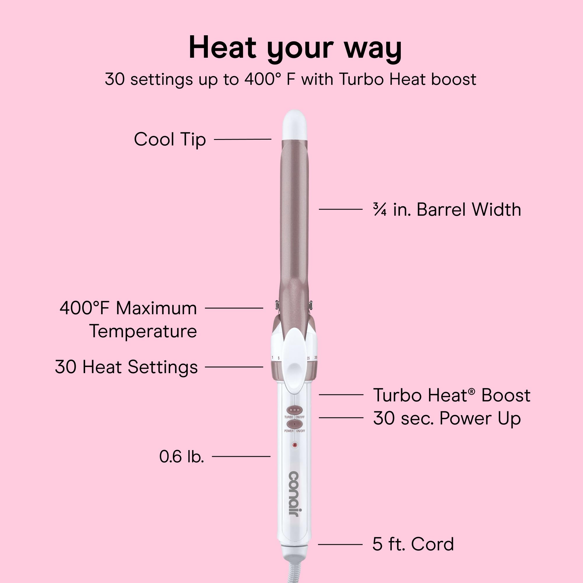 Conair cord and swivel detail illustrating 5-foot cord for comfortable maneuvering