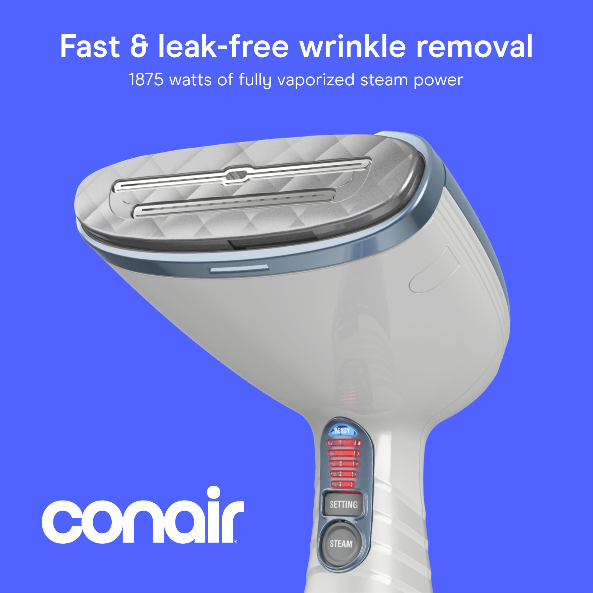 Conair heated soleplate close-up highlighting iron-like surface for crisp, pressed results