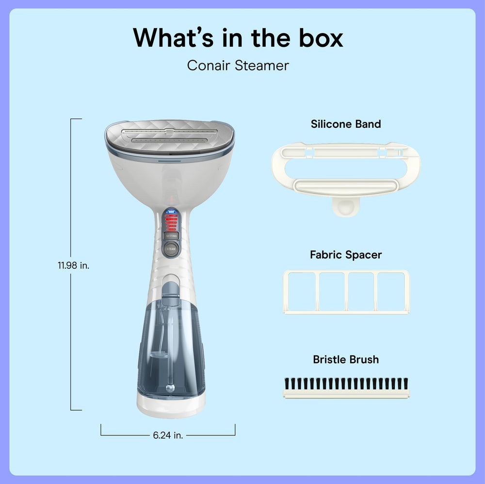 Conair steamer in hand for size and scale comparison, demonstrating portable travel convenience