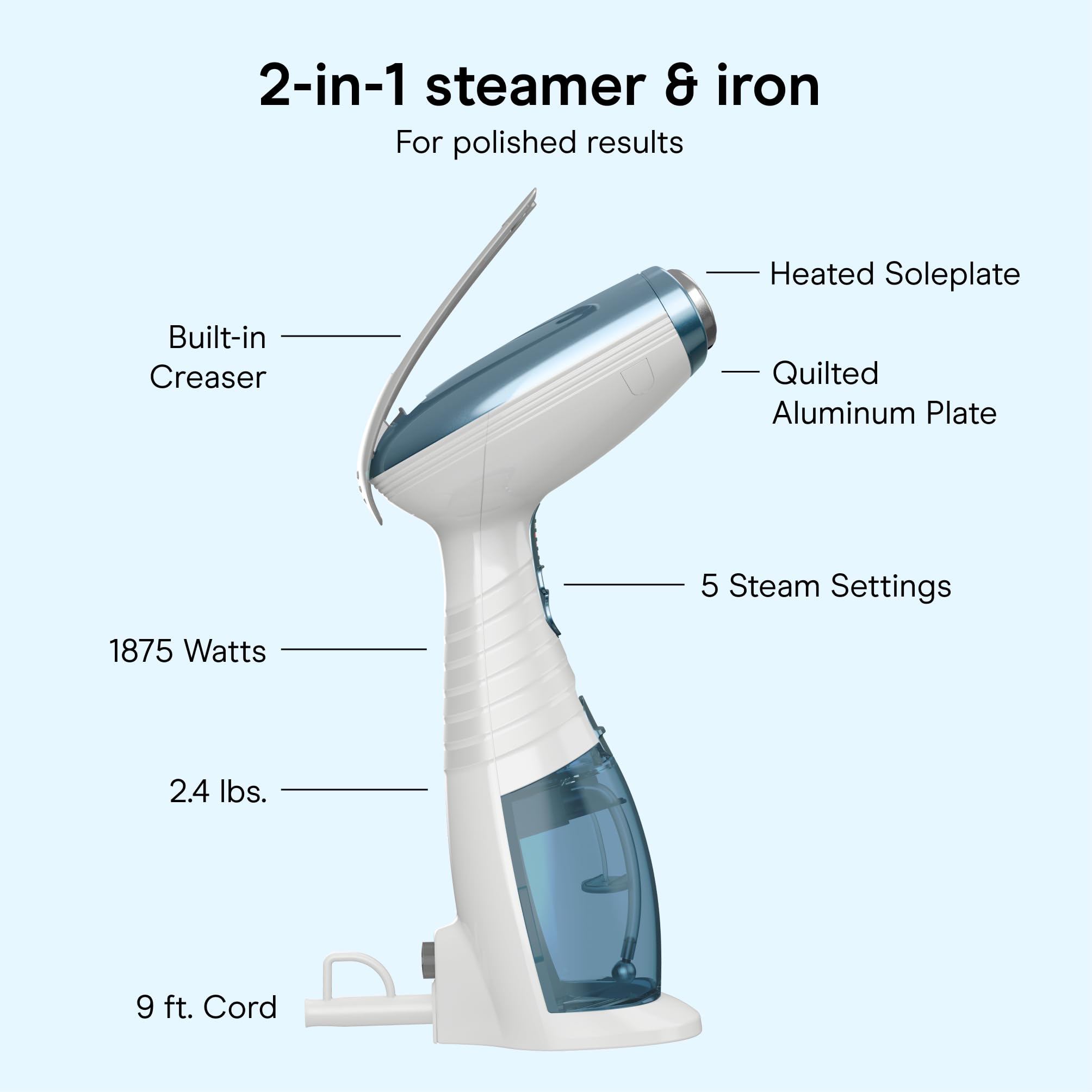 Conair steamer being used on a hanging shirt to remove wrinkles quickly and safely