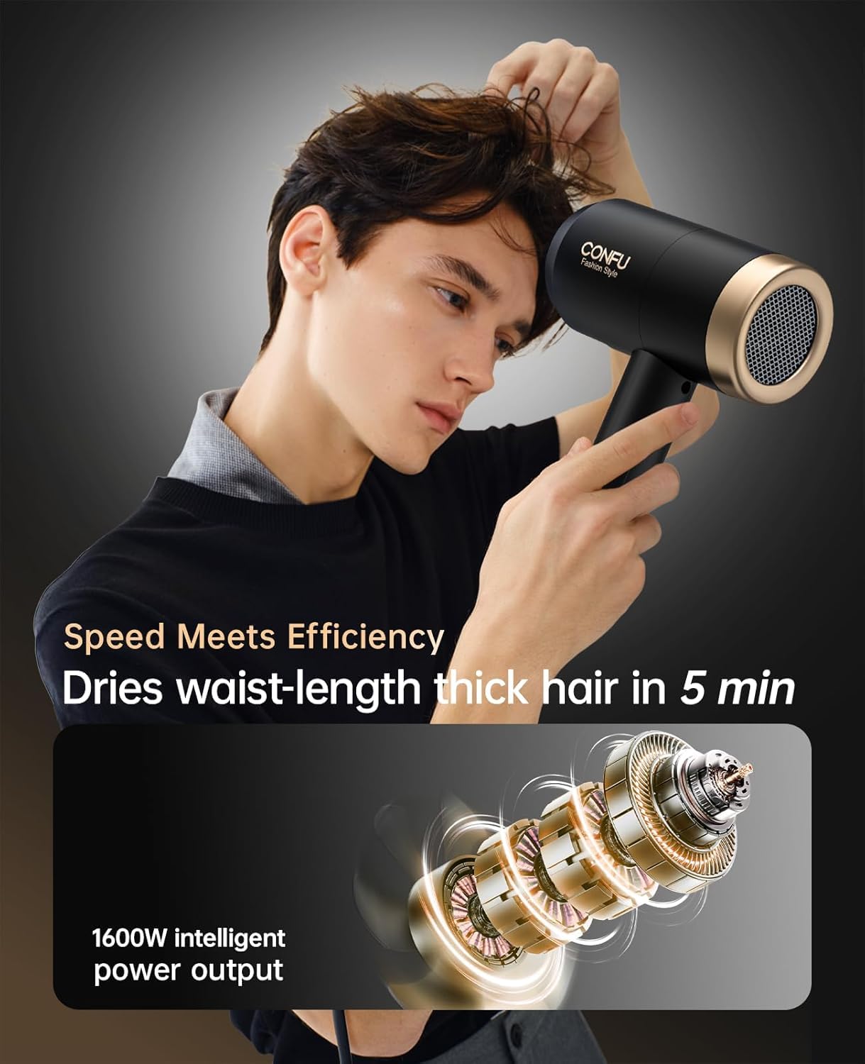 CONFU hair dryer with diffuser attached enhancing natural curls and volume