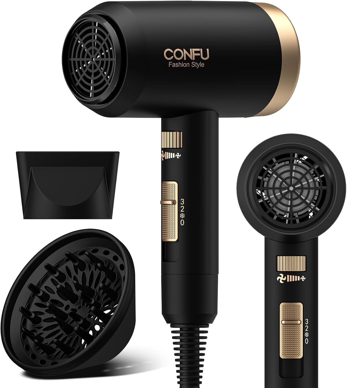 CONFU hair dryer front view showing sleek body and nozzle for fast drying